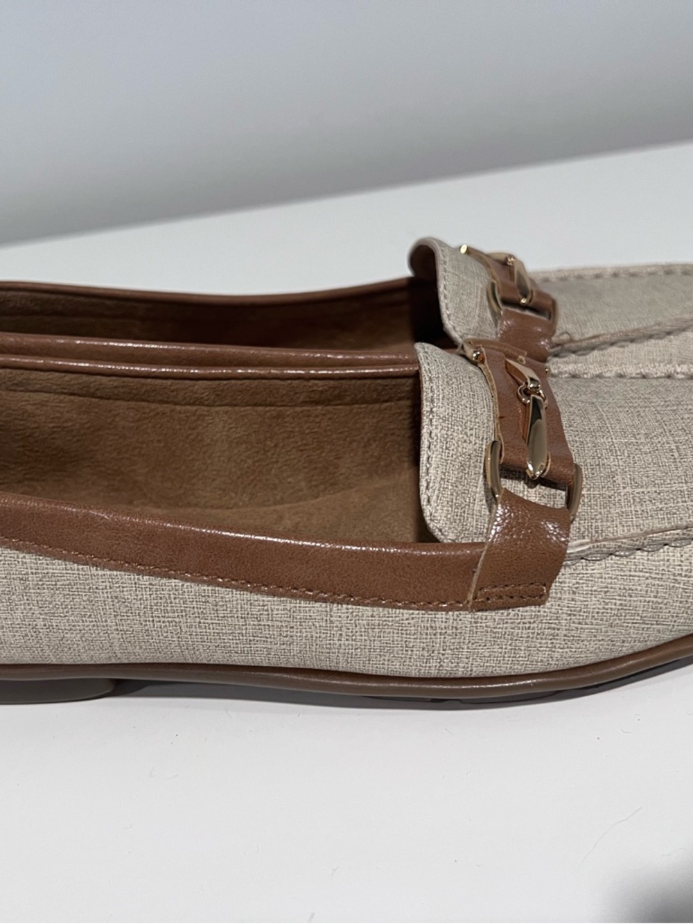 Aerosoles Neutral Linen-Look Loafers with Brown Trim - Picture 2 of 5